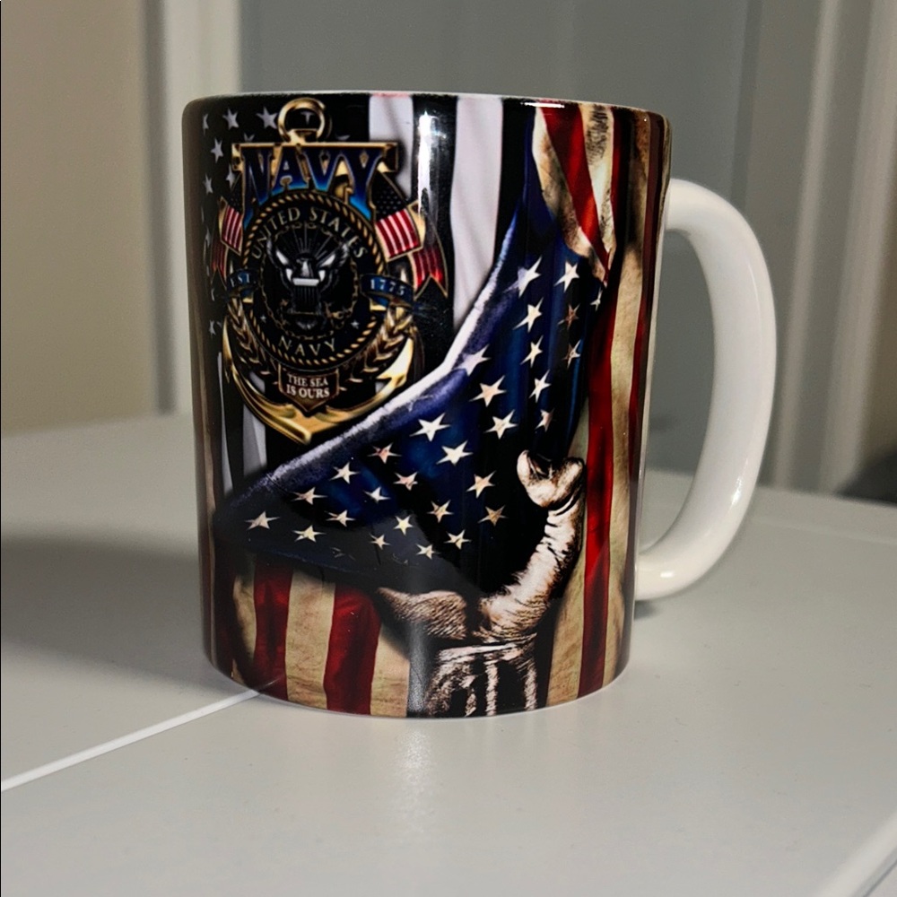 Navy Emblem Mug with American Flag Design